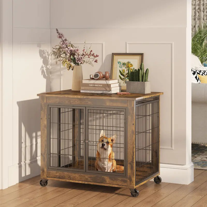 Cage pour chien de style meuble marron rustique avec doubles portes et plateau relevable, pour 1 chien, 80 cm (L) × 56 cm (P) × 63,5 cm (H)