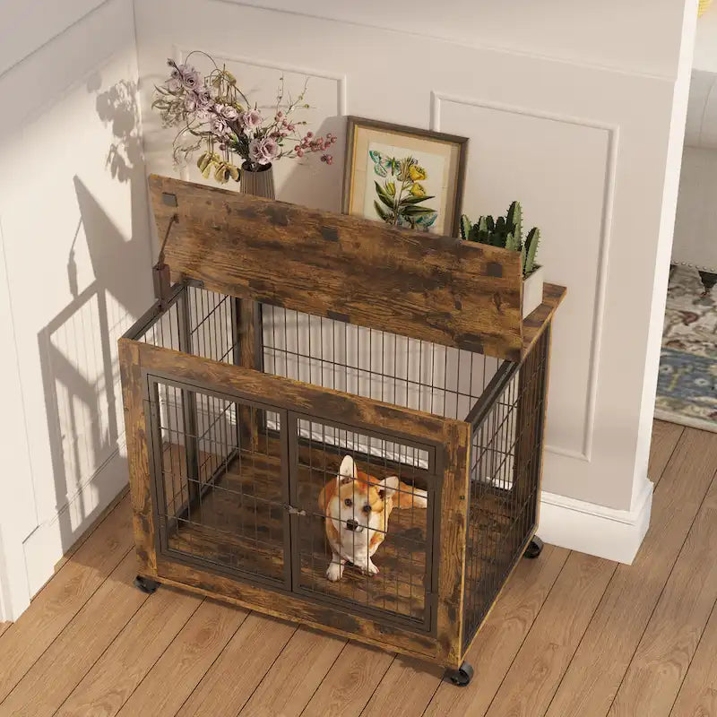 Cage pour chien de style meuble marron rustique avec doubles portes et plateau relevable, pour 1 chien, 80 cm (L) × 56 cm (P) × 63,5 cm (H)