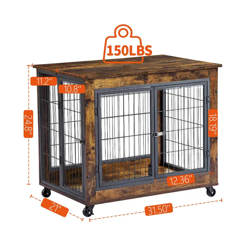 Cage pour chien de style meuble marron rustique avec doubles portes et plateau relevable, pour 1 chien, 80 cm (L) × 56 cm (P) × 63,5 cm (H)