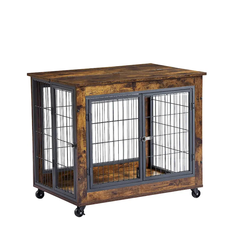 Cage pour chien de style meuble marron rustique avec doubles portes et plateau relevable, pour 1 chien, 80 cm (L) × 56 cm (P) × 63,5 cm (H)