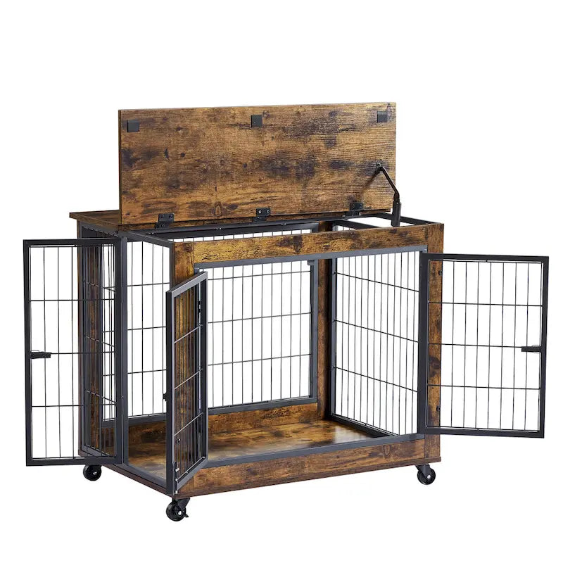 Cage pour chien de style meuble marron rustique avec doubles portes et plateau relevable, pour 1 chien, 80 cm (L) × 56 cm (P) × 63,5 cm (H)