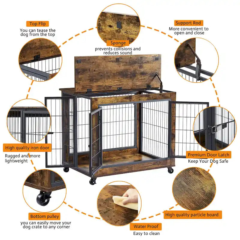 Cage pour chien de style meuble marron rustique avec doubles portes et plateau relevable, pour 1 chien, 80 cm (L) × 56 cm (P) × 63,5 cm (H)