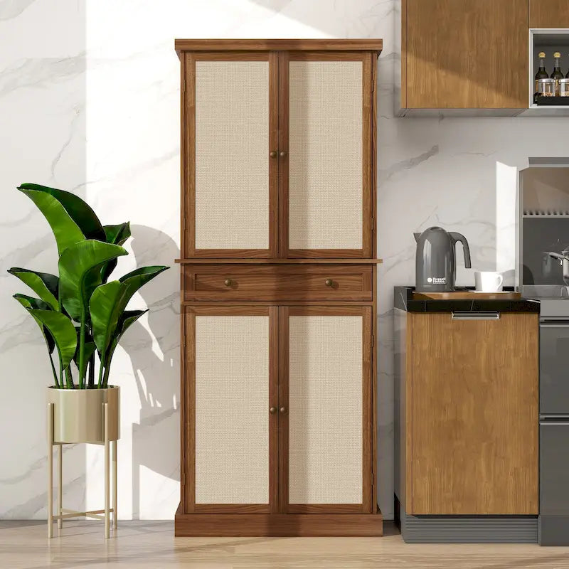 Armoire de rangement 4 portes en noyer avec tiroir et 4 étagères réglables