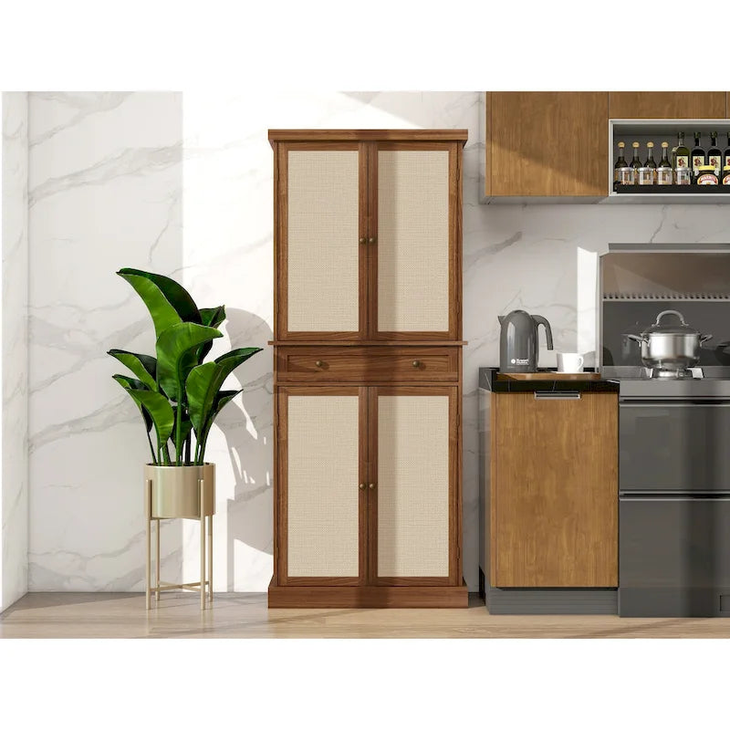 Armoire de rangement 4 portes en noyer avec tiroir et 4 étagères réglables