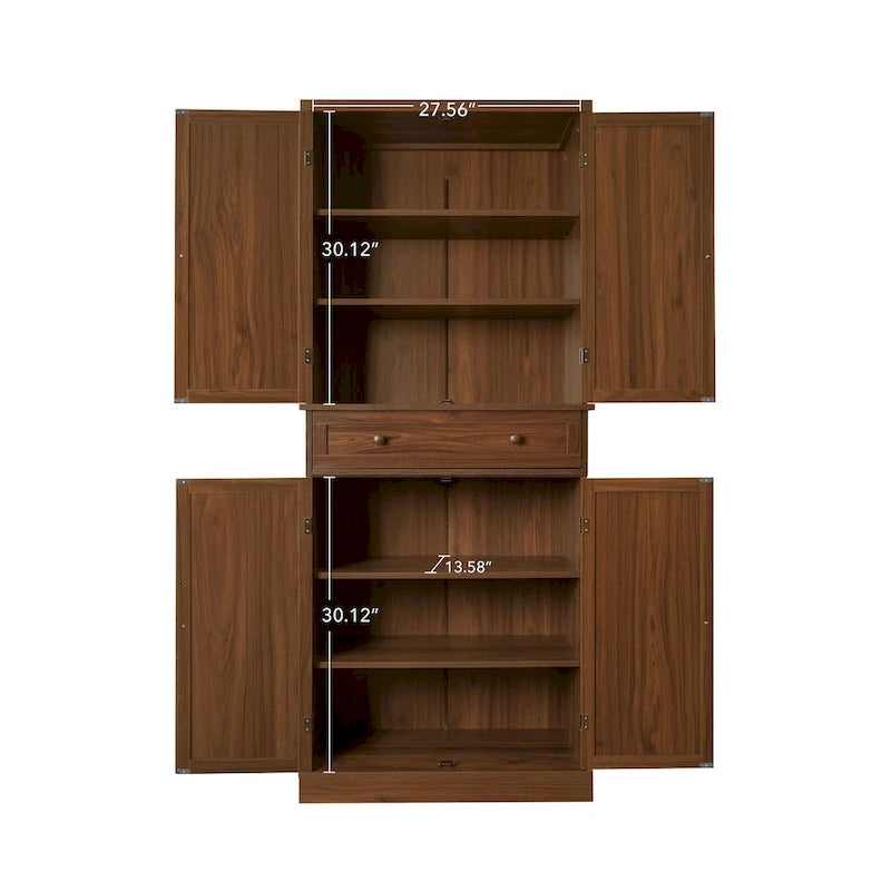 Armoire de rangement 4 portes en noyer avec tiroir et 4 étagères réglables