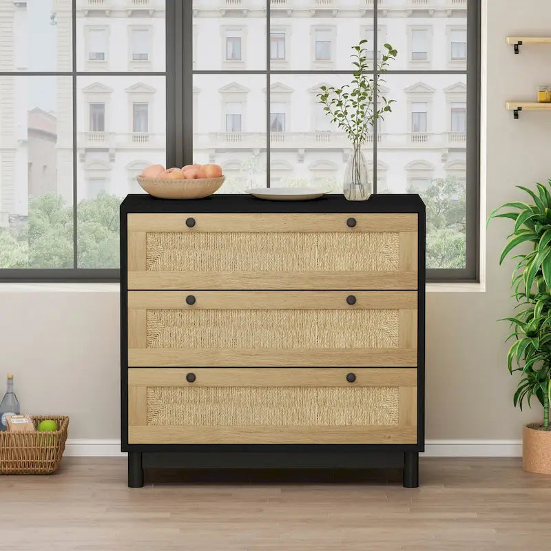 Commode à 3 tiroirs avec panneau en corde tressée, marron cerise / noir