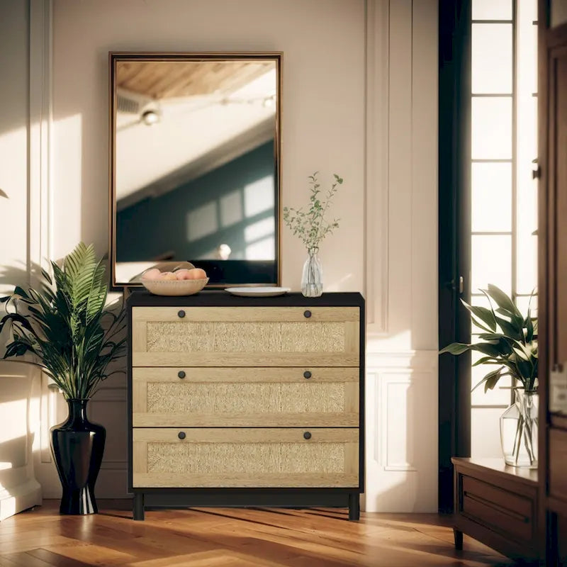 Commode à 3 tiroirs avec panneau en corde tressée, marron cerise / noir