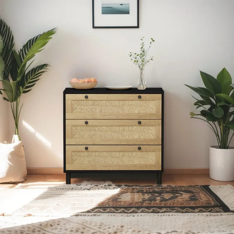 Commode à 3 tiroirs avec panneau en corde tressée, marron cerise / noir