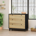 Commode à 3 tiroirs avec panneau en corde tressée, marron cerise / noir