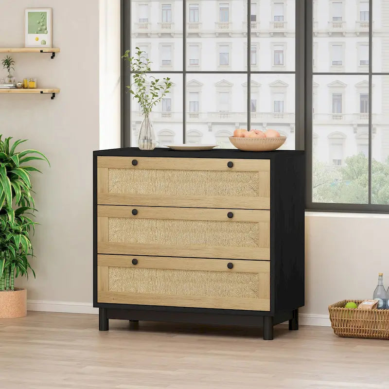 Commode à 3 tiroirs avec panneau en corde tressée, marron cerise / noir