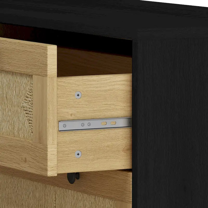 Commode à 3 tiroirs avec panneau en corde tressée, marron cerise / noir
