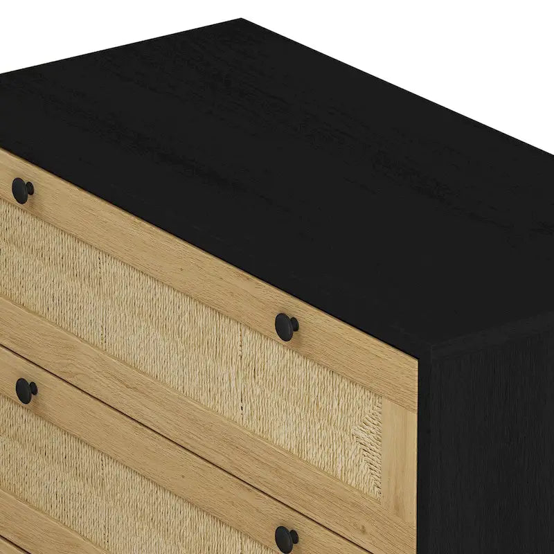 Commode à 3 tiroirs avec panneau en corde tressée, marron cerise / noir