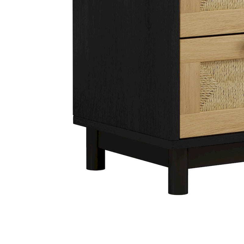 Commode à 3 tiroirs avec panneau en corde tressée, marron cerise / noir