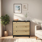 Commode à 3 tiroirs avec panneau en corde tressée, marron cerise / noir