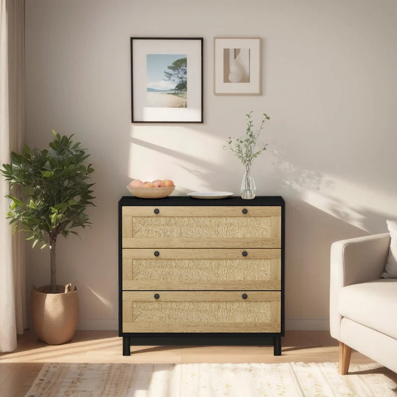 Commode à 3 tiroirs avec panneau en corde tressée, marron cerise / noir