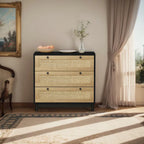 Commode à 3 tiroirs avec panneau en corde tressée, marron cerise / noir