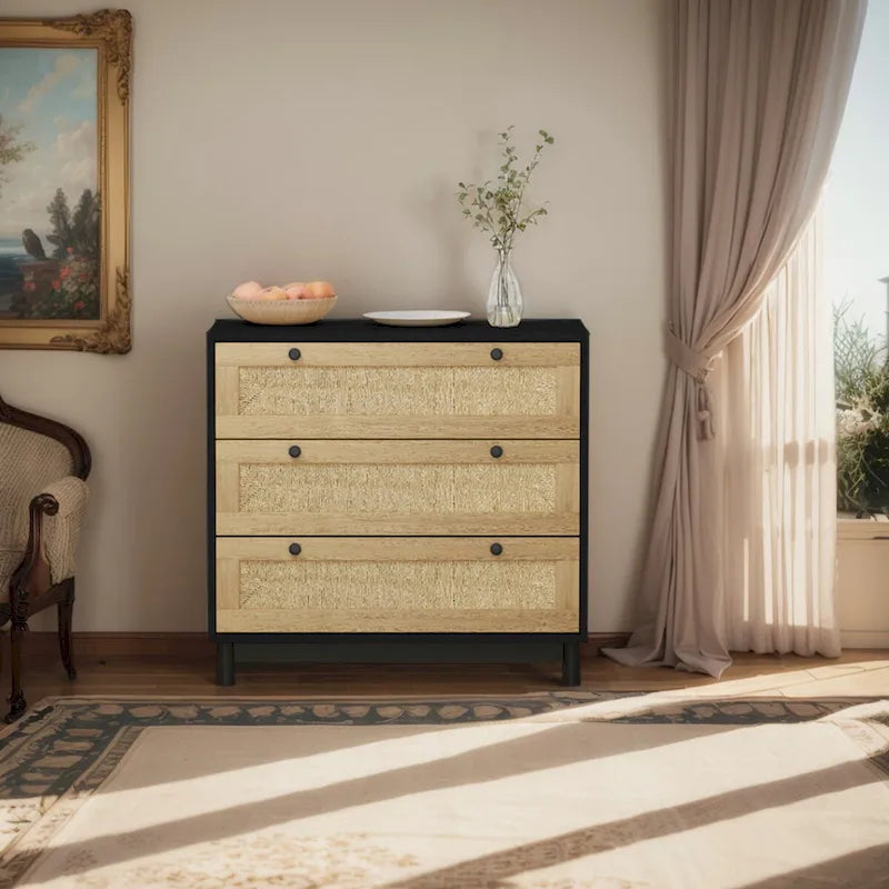 Commode à 3 tiroirs avec panneau en corde tressée, marron cerise / noir