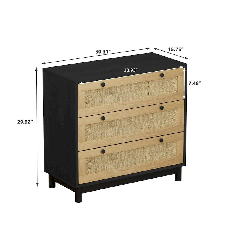 Commode à 3 tiroirs avec panneau en corde tressée, marron cerise / noir