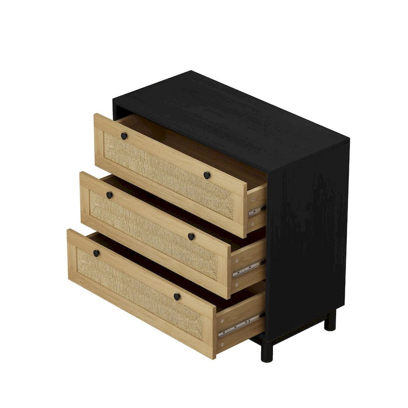 Commode à 3 tiroirs avec panneau en corde tressée, marron cerise / noir