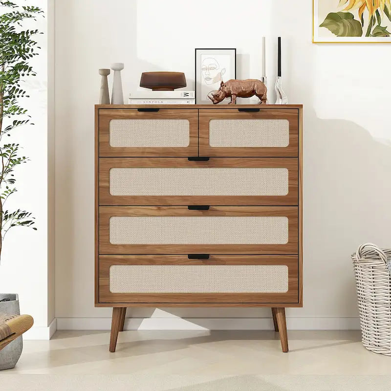 Commode de rangement à 5 tiroirs Noyer, style rotin, simple