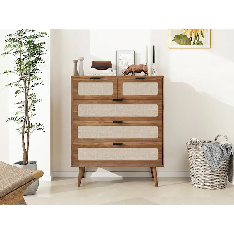 Commode de rangement à 5 tiroirs Noyer, style rotin, simple