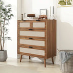 Commode de rangement à 5 tiroirs Noyer, style rotin, simple
