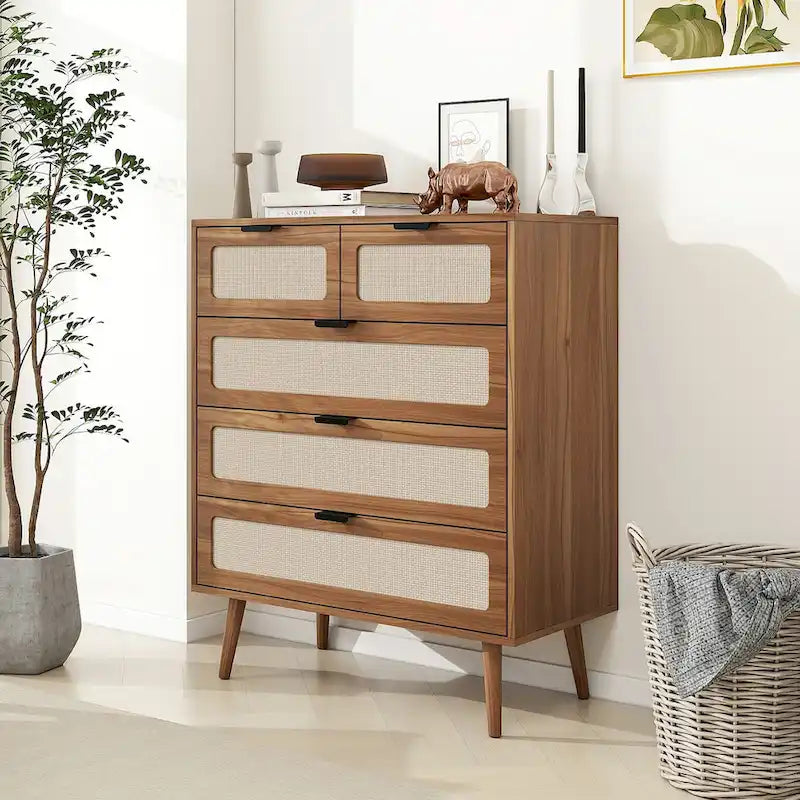 Commode de rangement à 5 tiroirs Noyer, style rotin, simple