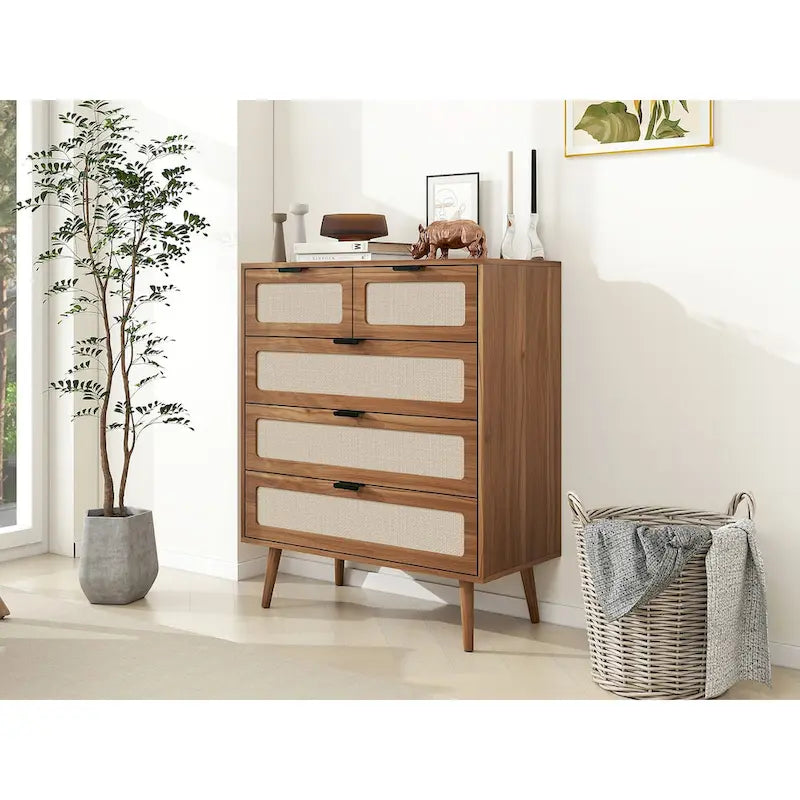 Commode de rangement à 5 tiroirs Noyer, style rotin, simple