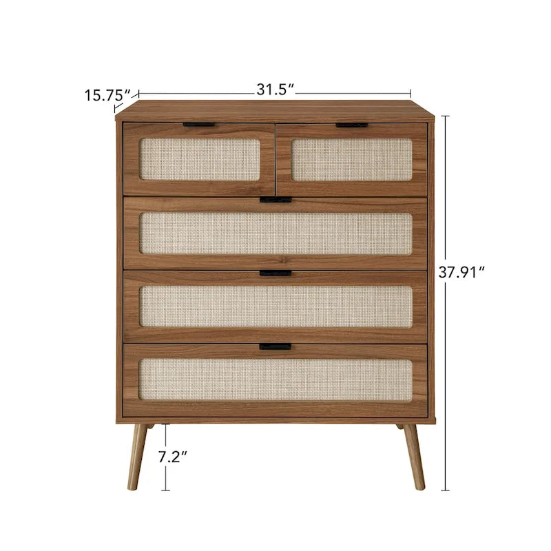 Commode de rangement à 5 tiroirs Noyer, style rotin, simple