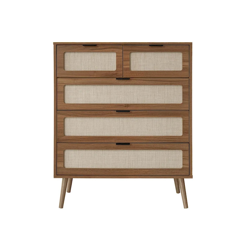 Commode de rangement à 5 tiroirs Noyer, style rotin, simple