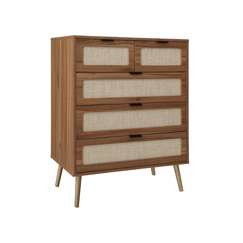 Commode de rangement à 5 tiroirs Noyer, style rotin, simple