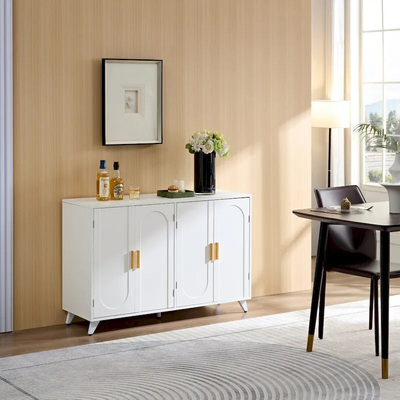 Buffet de rangement blanc 4 portes, accents dorés, motif vague