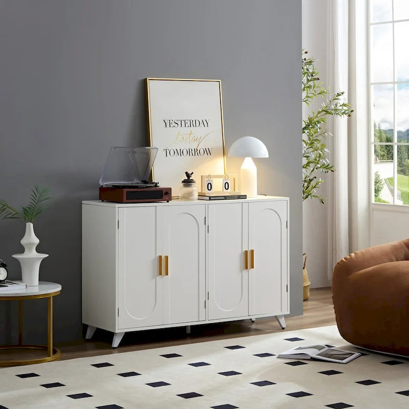 Buffet de rangement blanc 4 portes, accents dorés, motif vague