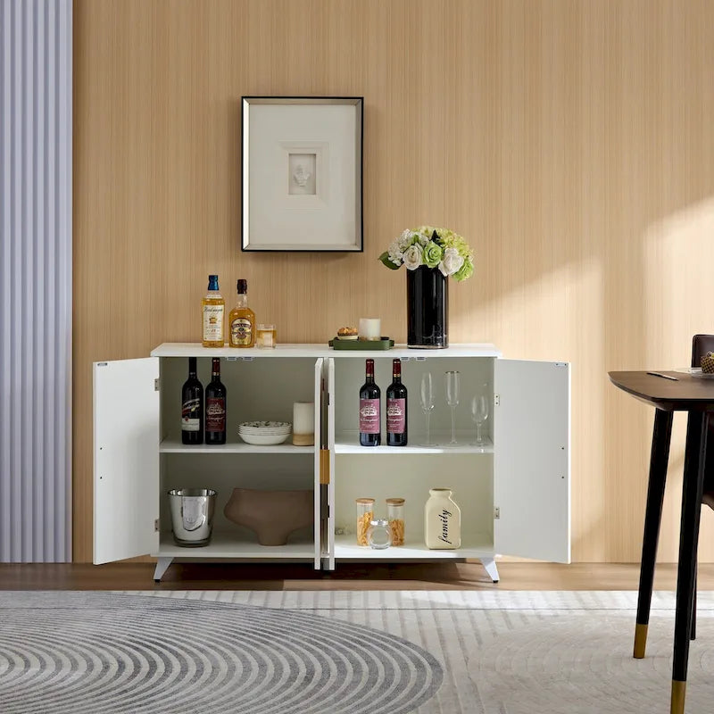 Buffet de rangement blanc 4 portes, accents dorés, motif vague