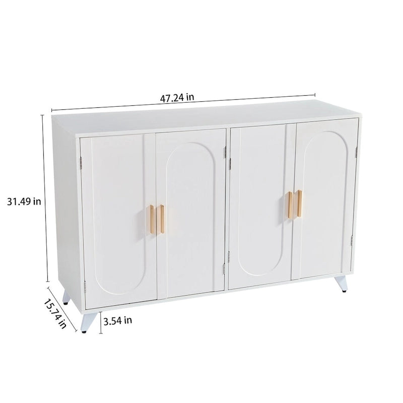 Buffet de rangement blanc 4 portes, accents dorés, motif vague