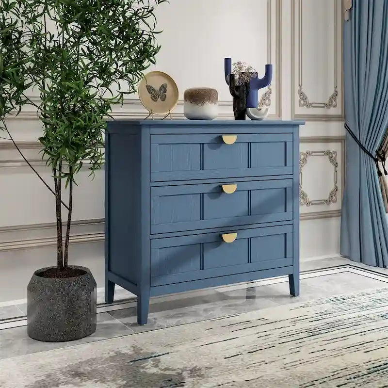 Meuble bas à 3 tiroirs bleu avec plateau en bois, simple