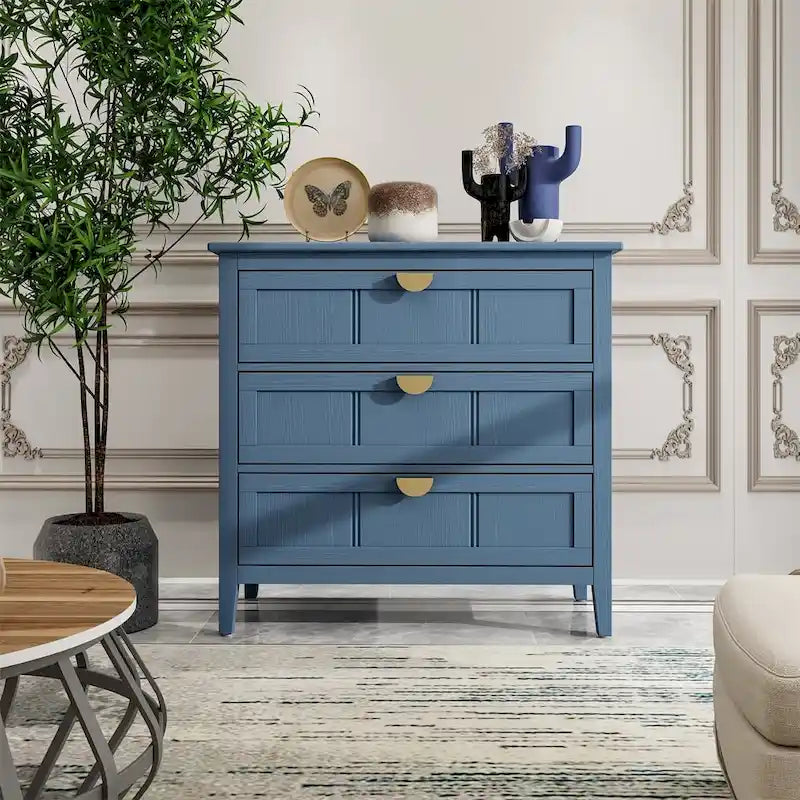 Meuble bas à 3 tiroirs bleu avec plateau en bois, simple