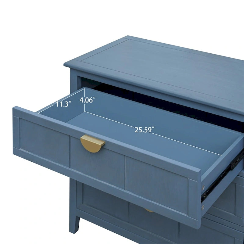 Meuble bas à 3 tiroirs bleu avec plateau en bois, simple
