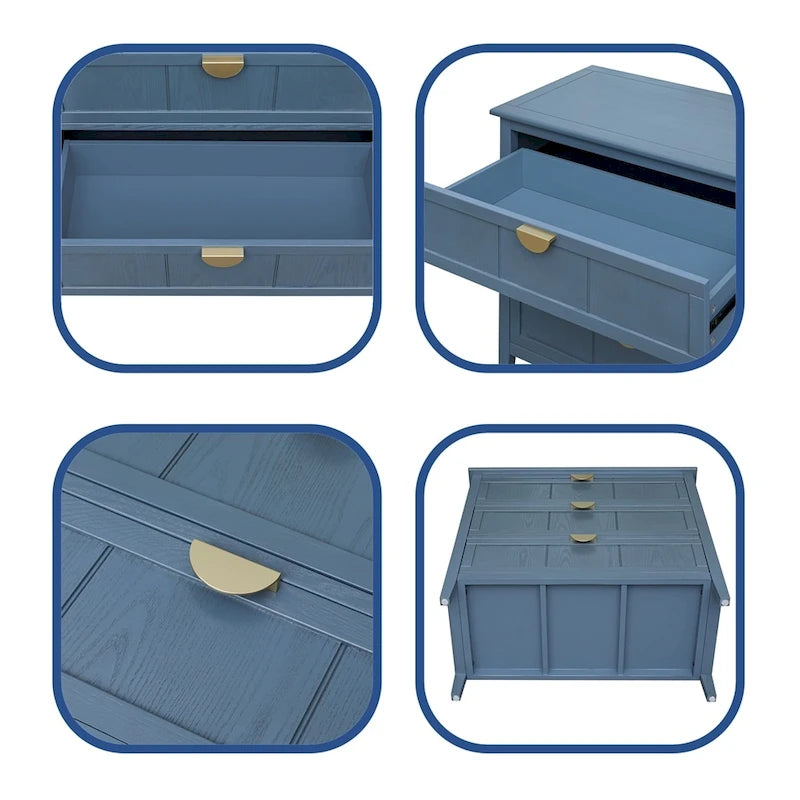 Meuble bas à 3 tiroirs bleu avec plateau en bois, simple