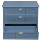 Meuble bas à 3 tiroirs bleu avec plateau en bois, simple