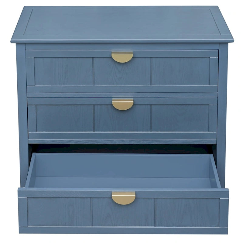 Meuble bas à 3 tiroirs bleu avec plateau en bois, simple