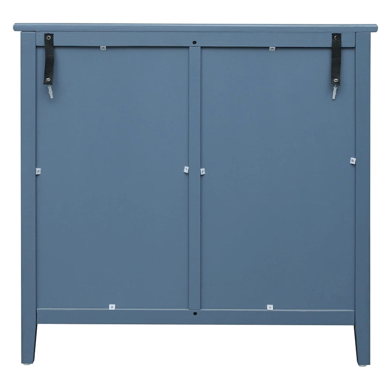 Meuble bas à 3 tiroirs bleu avec plateau en bois, simple