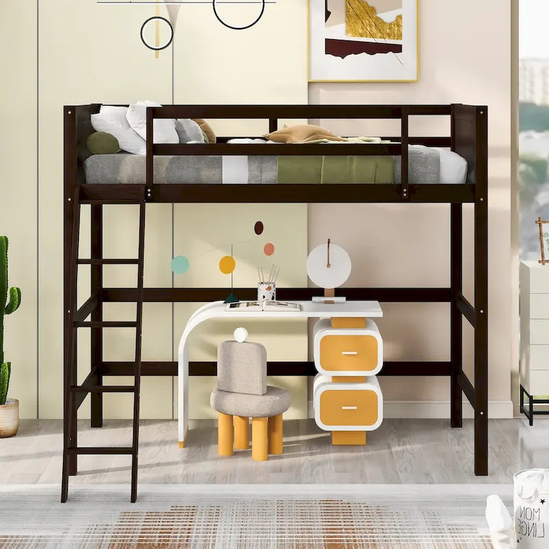 Lit mezzanine simple avec échelle Gris / Espresso / Blanc, 1 personne