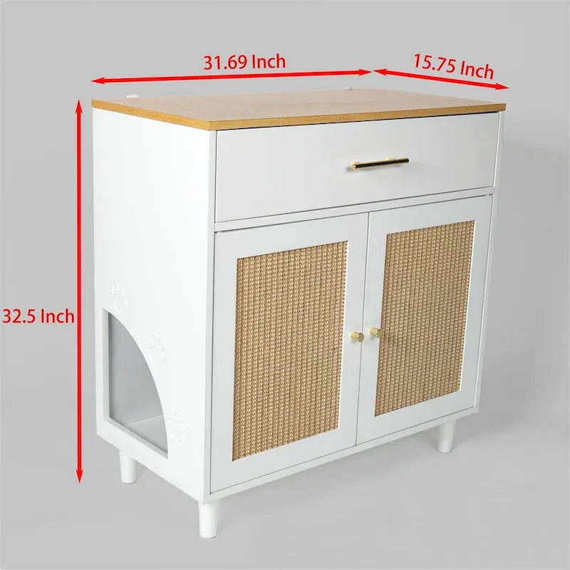 Meuble cache-litière blanc pour chat avec griffoir, assemblage par 1 ou 2 personnes