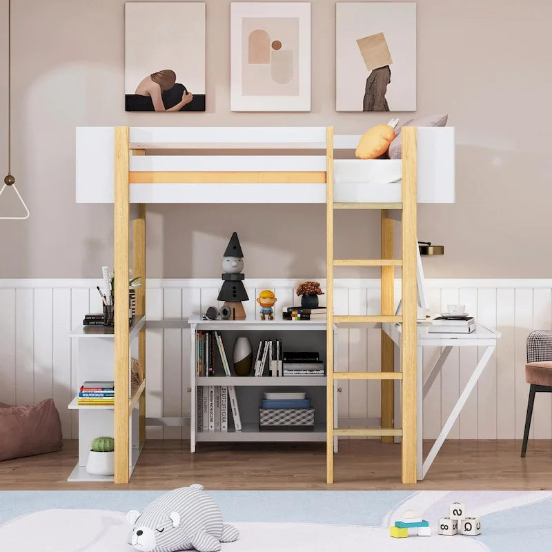 Lit mezzanine blanc/gris avec meuble de rangement et bureau pliable, 1 personne, double/simple