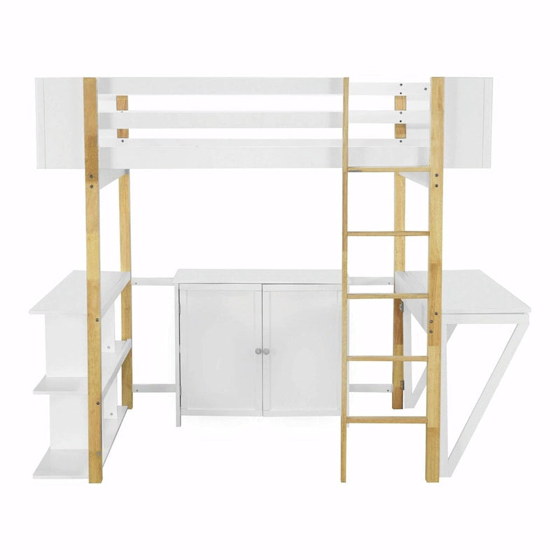 Lit mezzanine blanc/gris avec meuble de rangement et bureau pliable, 1 personne, double/simple