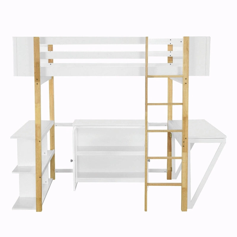 Lit mezzanine blanc/gris avec meuble de rangement et bureau pliable, 1 personne, double/simple