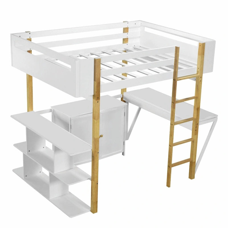 Lit mezzanine blanc/gris avec meuble de rangement et bureau pliable, 1 personne, double/simple