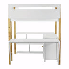 Lit mezzanine blanc/gris avec meuble de rangement et bureau pliable, 1 personne, double/simple