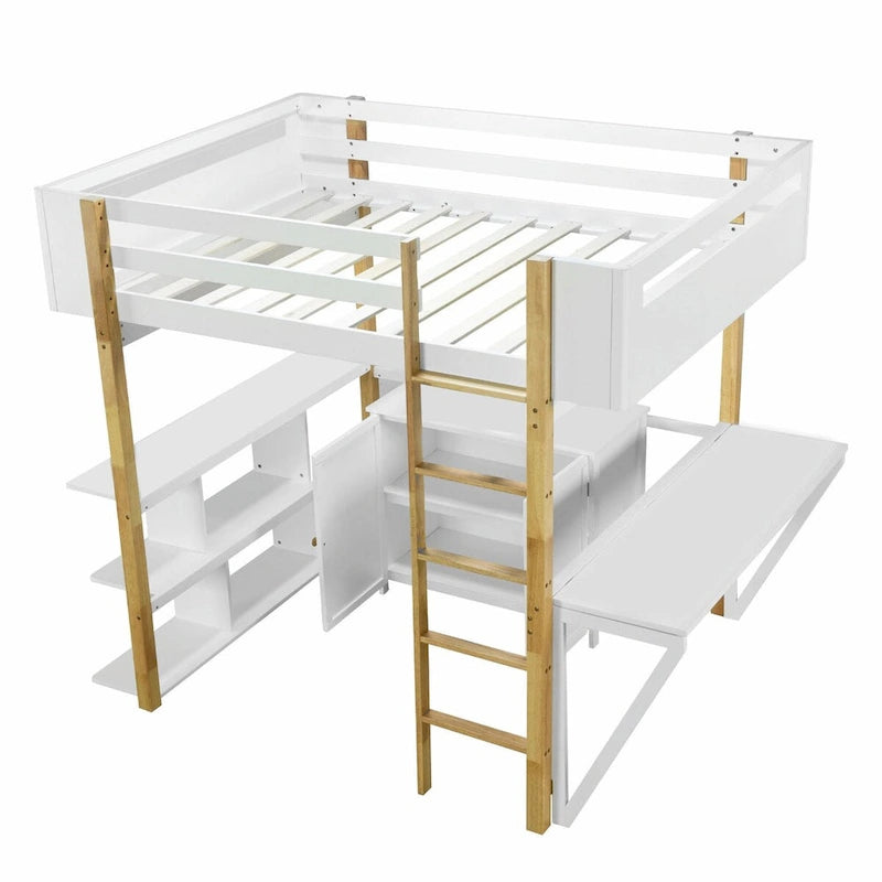 Lit mezzanine blanc/gris avec meuble de rangement et bureau pliable, 1 personne, double/simple